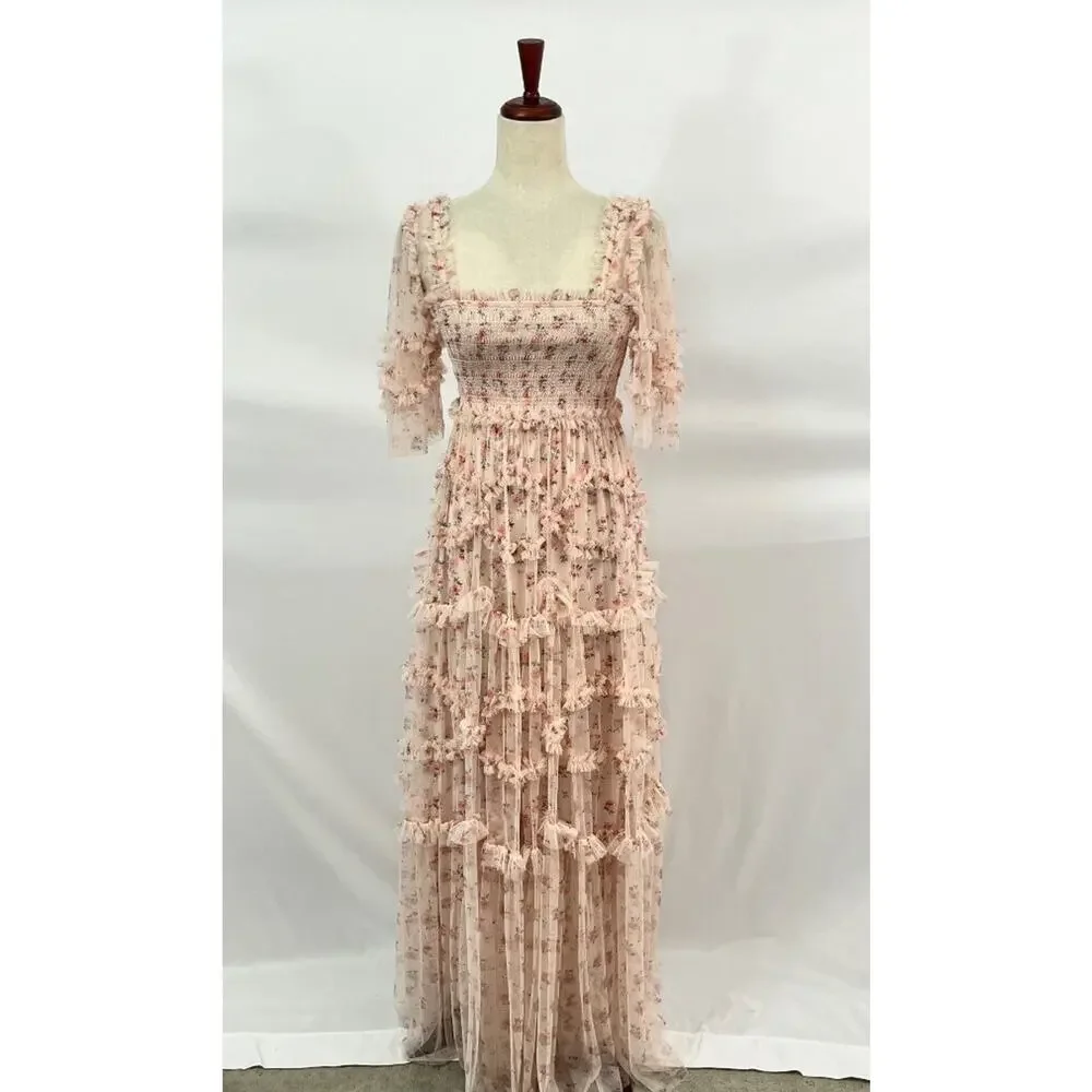 NEEDLE & THREAD Sz 2 Bijou Rose Smocked Maxi Dress Gown - Picture 8 of 13
